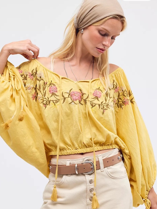 Free People Tops - NWT Free People Yellow Plumeria  Embroidered Peasant Blouse